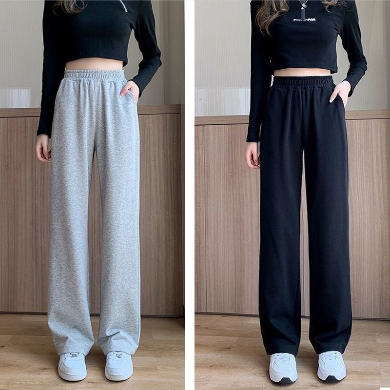 Spring and Summer Pure Cotton Thin Straight-Leg Sweatpants for Women, Plus Size, Slimming, Loose, Casual, High-Waisted, Wide-Leg Pants, Student Style, Black Spring and Summer Pure Cotton Thin Straight-Leg Sweatpants for Women, Plus Size, Slimming, Loose, Casual, High-Waisted, Wide-Leg Pants, Student Style, Black