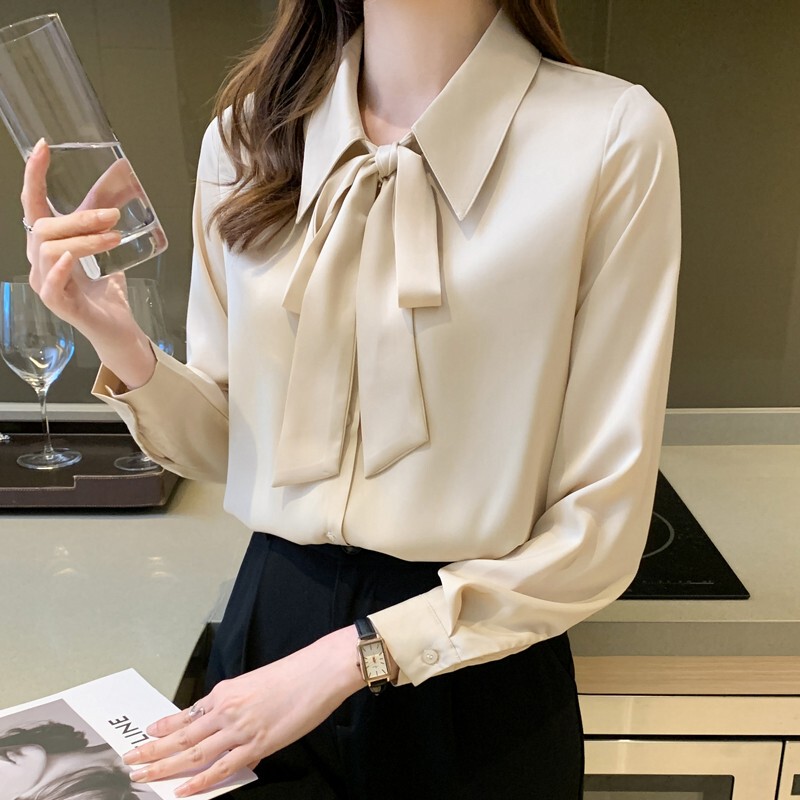 Hangzhou Silk Shirt Long-Sleeved Women's Spring French-Style Tie Bow Shirt High-End Polo Collar Mulberry Silk Top Hangzhou Silk Shirt Long-Sleeved Women's Spring French-Style Tie Bow Shirt High-End Polo Collar Mulberry Silk Top