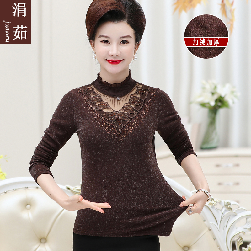 Middle-aged mother's new autumn and winter clothing plus velvet bottoming shirt Western style forty or fifty years old middle-aged and elderly women's long-sleeved top to keep warm
