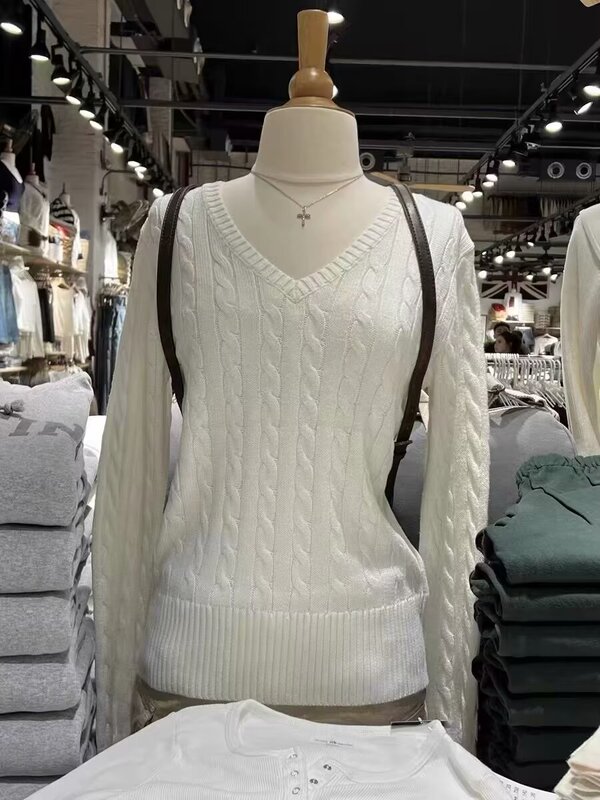 Brandygirl American Retro Twist Knit V-Neck Sweater Long-Sleeve Knit Lazy Style Pullover Trendy Top