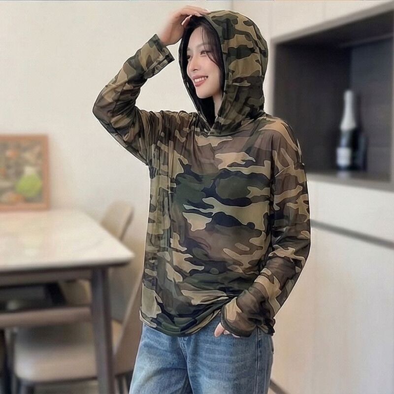 Thin Sun Protection Clothing, Loose Camouflage Hooded Sweatshirt for Women, Spring and Autumn Style, Popular Trendy Mesh Soft Gauze Top for Women