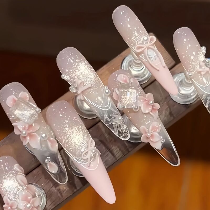 Ice Flower Sparkling Bowknot High-Value Cat-Eye Lace Design, Brightening Effect, Three-Dimensional Peach Blossoms, Pure Handmade Wearable Nails