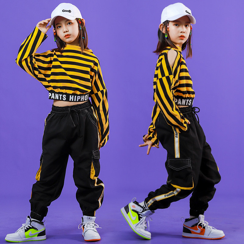 Girls striped crop top jazz dance costume girls hip-hop suit children's hip hop tide jazz performance costume
