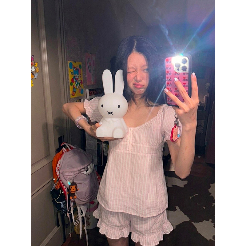 2026 New Korean Style Sweet and Cute Short-Sleeved Shorts Pajamas for Women, Summer Striped Loungewear Set for Young Girls