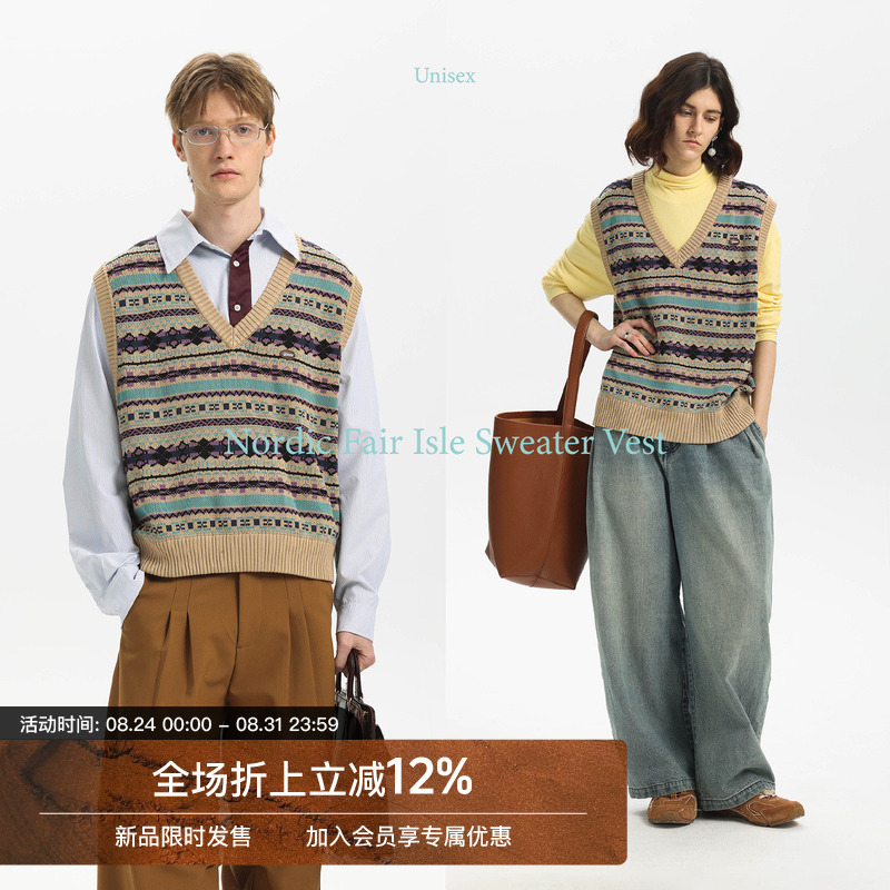 【Fair Isle Jacquard】Unvesno (Un) Autumn Warm Multi-Color Striped Knitted Sweater Vest Unisex 【Fair Isle Jacquard】Unvesno (Un) Autumn Warm Multi-Color Striped Knitted Sweater Vest Unisex