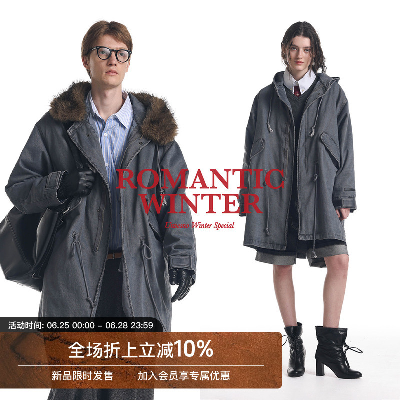 【Detachable Eco-Friendly Fur】Unvesno (Un) Heavyweight Distressed Washed Parka Cotton Jacket Windbreaker Coat