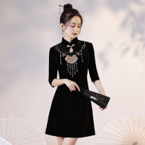 Black Qipao 2022 New Little Sub Young Girl Improved National Tide Dress Mid Sleeve Short of National Wind