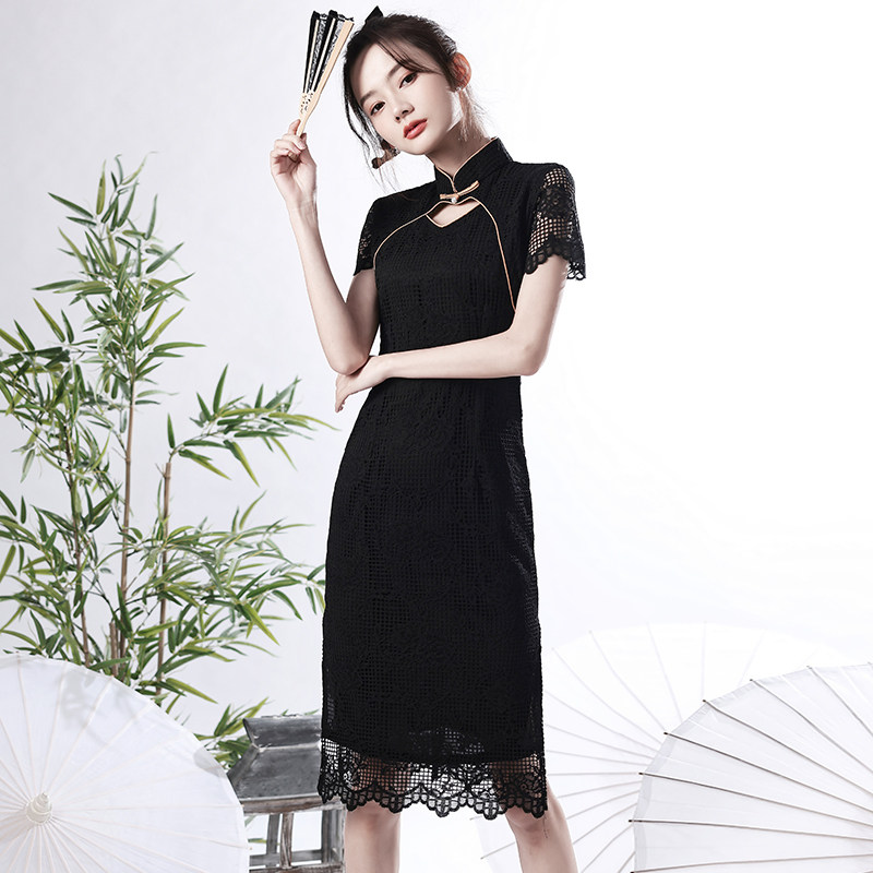 Improve the new senior young high - end black lace student retro dress in 2023
