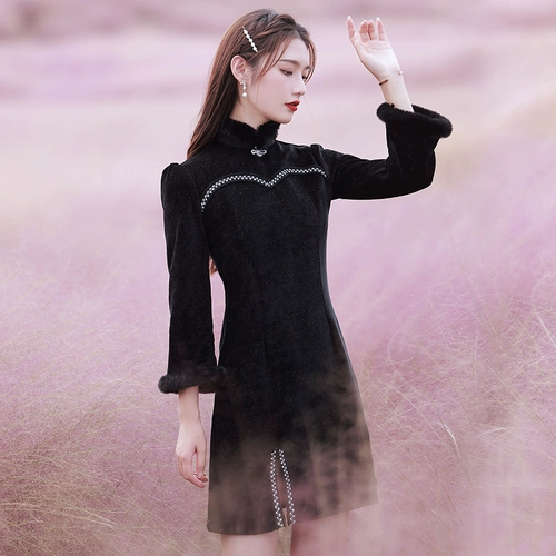 Зимнее черное ципао, легкий элитный лонгслив, китайский стиль, коллекция 2023, премиум класс, подходит для подростков