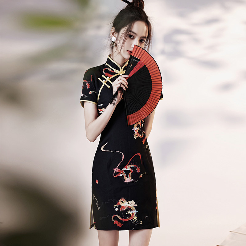 Guoxian bomb street in 2023 new improvement young girls black young little Chinese wind short summer