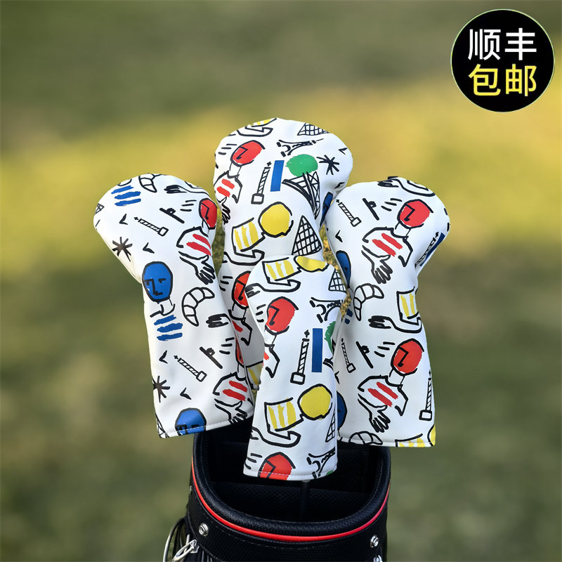 落書き漫画ゴルフクラブカバーヘッドカバー木製クラブカバーかわいい白保護カバー子供用帽子カバー
