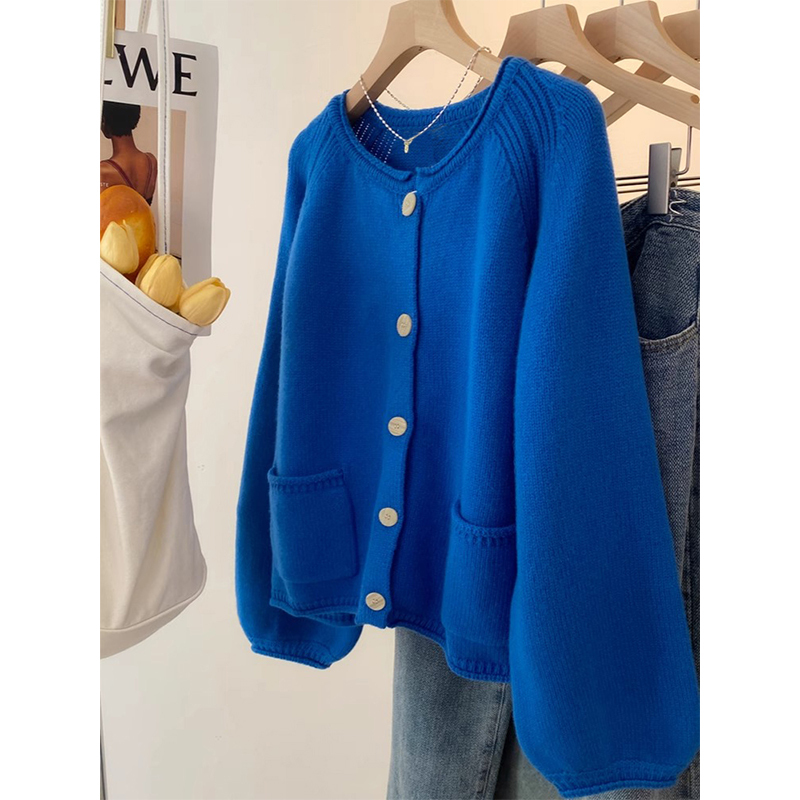 Klein Blue Knitted Cardigan Sweater Jacket for Women, Autumn and Winter Design, Niche Lantern Sleeves, Blue Top for Layering