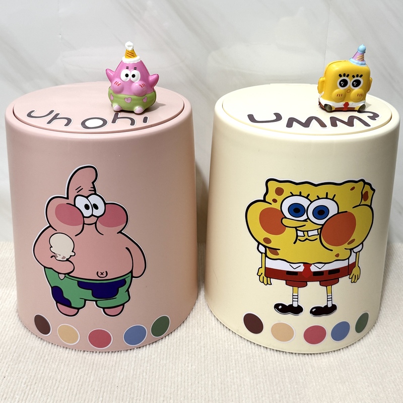 Cartoon Spongebob Squarepants Trash Can, High Aesthetic Value, for Home Use in Bedroom and Living Room, Press-Type with Lid, Cute and Creative, Large Capacity