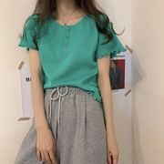 Side bốc dây ngắn tay phụ nữ dệt kim của mùa hè Hàn Quốc phiên bản loose-fitting sinh viên mỏng lừa đảo ròng đỏ thủy triều đầu