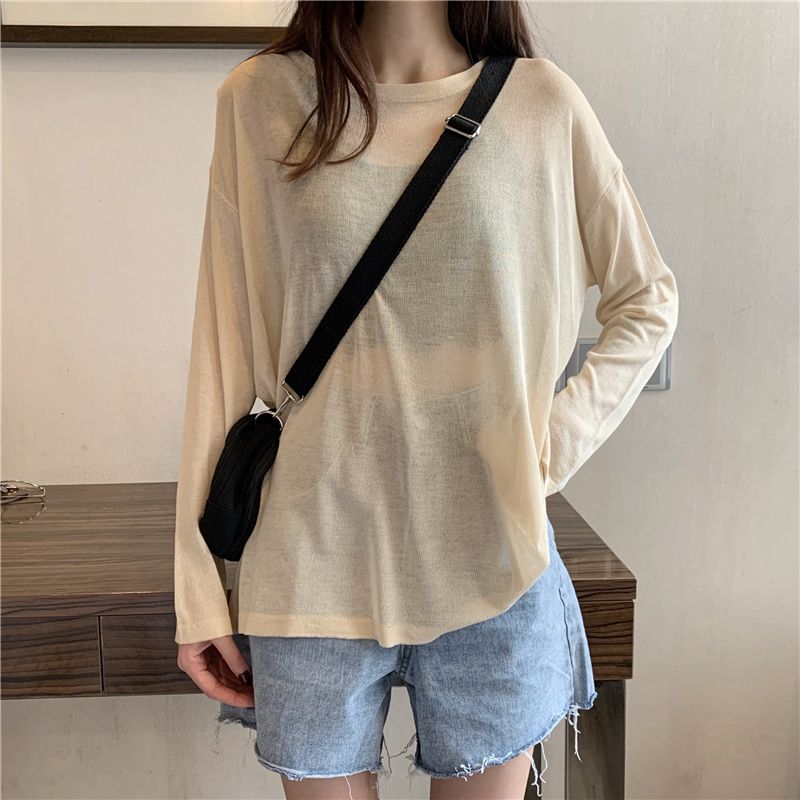 Ice lụa knitsweater mùa hè của phụ nữ Hàn Quốc phiên bản loose-fitting bên ngoài mặc áo mỏng ins ròng đỏ dài tay sunprotection đầu