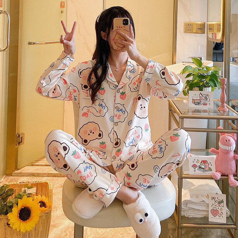 2021 New Pajamas Ladies Spring and Autumn Autumn Pure Cotton Long-sleeved Homewear Cotton Autumn and Winter Thin Suit