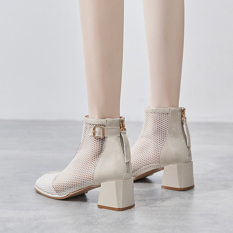Thick heel mesh boots women's 2022 spring and summer new women's shoes hollow mesh Martin boots thin breathable medium high heel sandals