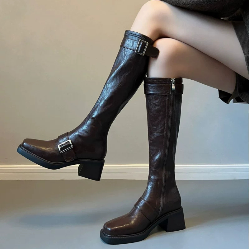 British Style Retro Belt Buckle Long Boots, Slim Leg, Small Shaft Circumference Long Boots, Women's New Riding Boots, Chunky Heel, Over-The-Knee Boots British Style Retro Belt Buckle Long Boots, Slim Leg, Small Shaft Circumference Long Boots, Women's New Riding Boots, Chunky Heel, Over-The-Knee Boots