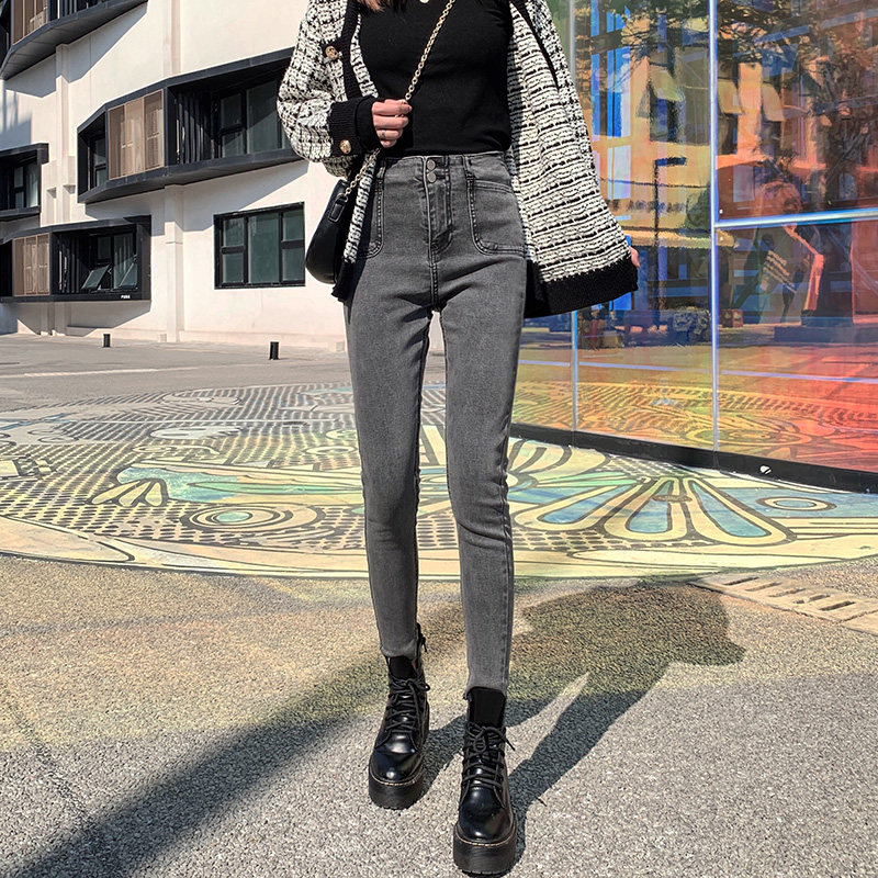 2021 Spring and autumn new high-waisted tobacco grey jeans female display high up slim fit slim fit slim fit pants Ins tide