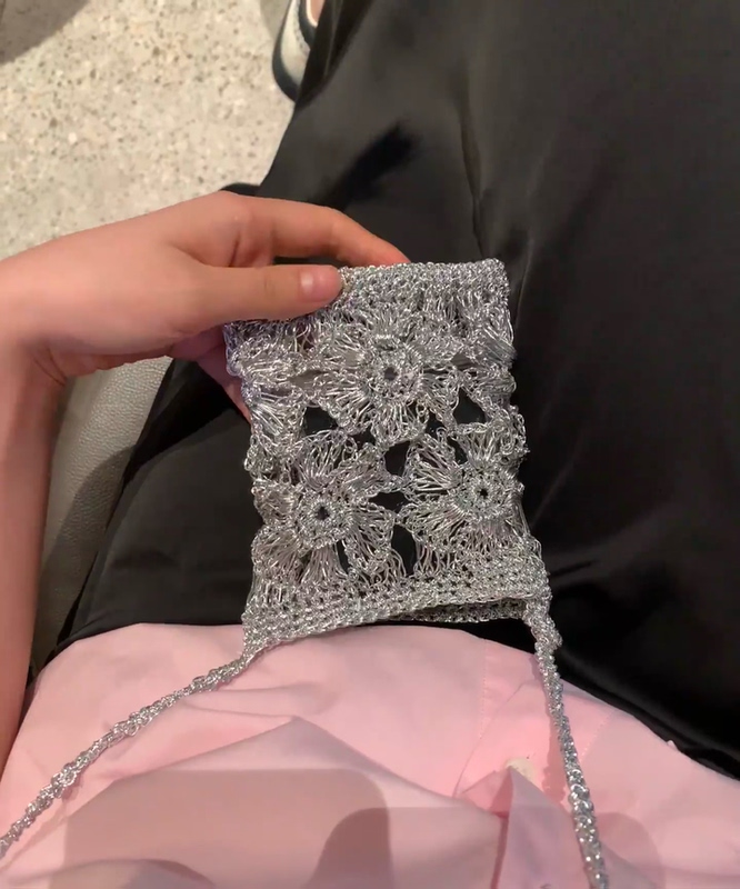 Finished Product: Hand-Woven Ins-Style Glittery Heart Mesh Bag with Silver Thread, Flower Bag, Phone Bag, Coin Purse