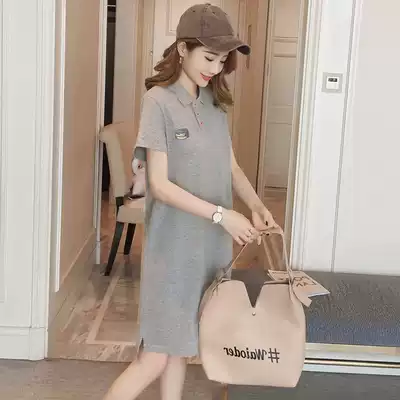 Summer new Korean short-sleeved dress women's lazy loose thin mid-length version of simple fashion polo neck T-shirt