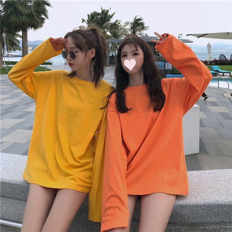 Long sleeve t shirt beat spring and autumn Han edition in loose and lazy wind long ultra-ao pure colored tops