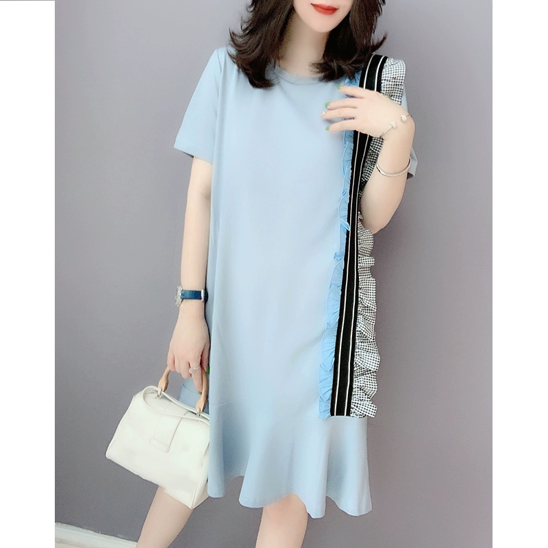 Đầm suông đuôi cá tay ngắn cổ tròn màu xanh dương tay ngắn ga âu nữ xuân hè 2021 hàng mới châu âu phiên bản hàn quốc - váy đầm