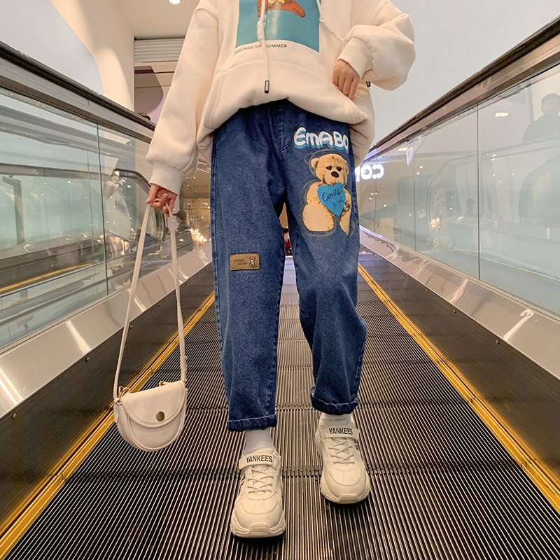 Girls plus plus thick pants 2021 new style of big kids foreign warm pants children's jeans autumn and winter outside wear