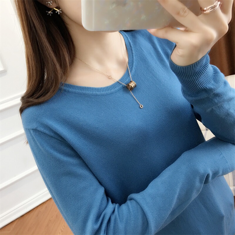 New Autumn and Winter Round Neck Sweater for Women, Pullover, Slim Fit, Short, Low-Necked, Knitted Base Shirt, Solid Color, Fashionable, Long-Sleeved for Students