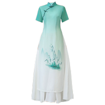 Chinese style retro temperament improved cheongsam dress gradient color long literary Zen tea dress new Chinese style skirt