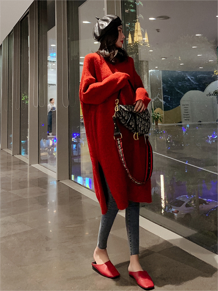 2022 autumn winter new net red 100 hitch a fork knit foreign dress Women's lazy wind in a long version of a sweater skirt over a knee