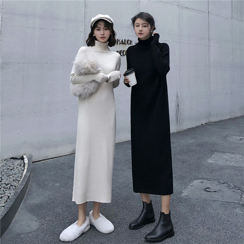 2020 new temperament long version sweater skirt high collar with knitted inner dress women's autumn and winter with coat skirt
