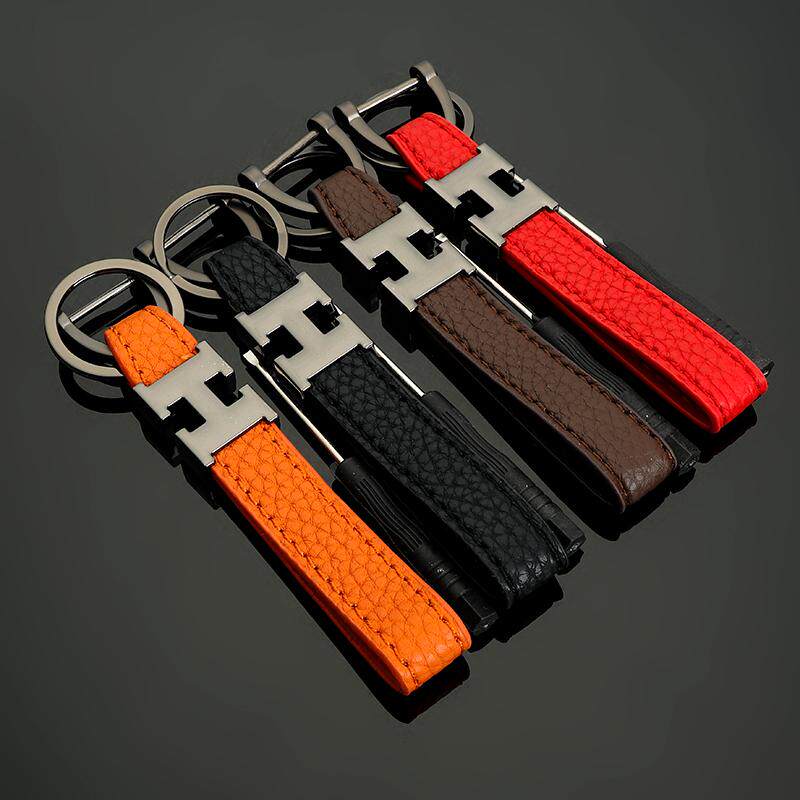 LVGEDETE horseshoe buckle H letters lychee textured car genuine leather with key button Foos key hanging decoration key chain