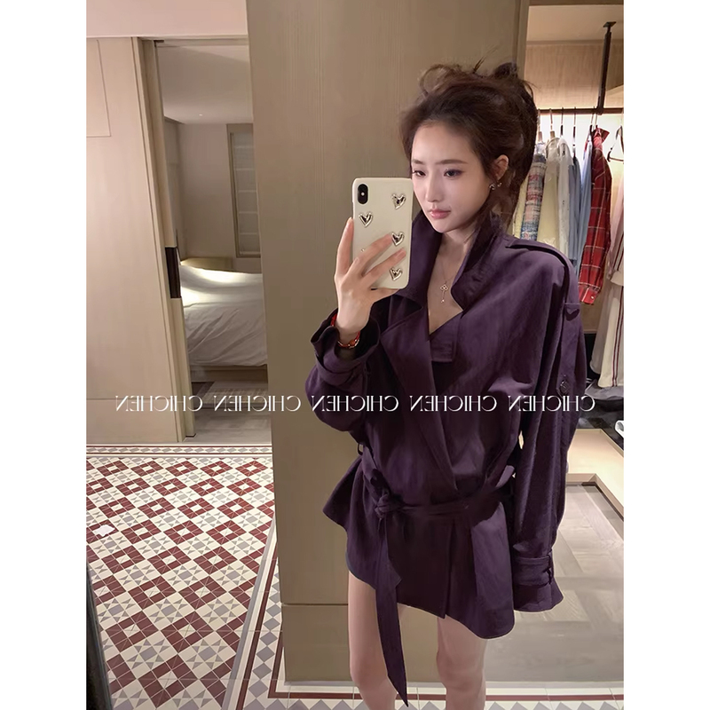 Spring Deep Elegant Purple Lapel Trench Coat for Women, Mid-Length, Flattering, Luxurious, Fashionable, High-End, Belted Waist Coat
