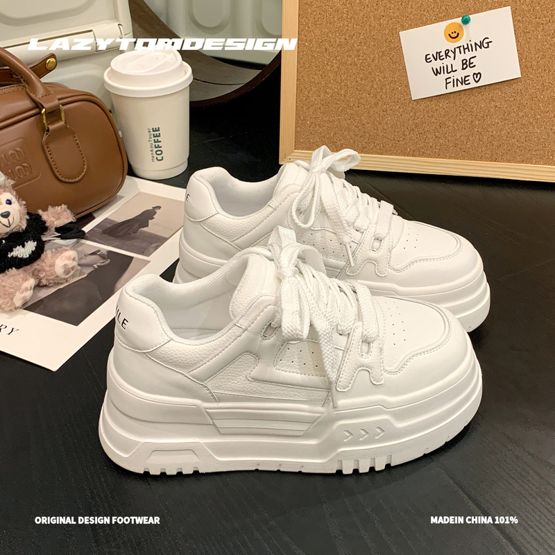 Lazytom Thick-Soled 6cm White Sneakers for Women, Genuine Leather Versatile Height-Increasing Casual White Sneakers for Petite Individuals