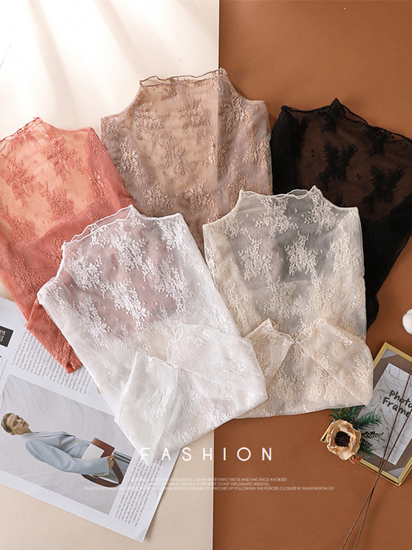 25 Autumn New High-End Lace Base Shirt for Women, Spring Stylish Hollow-Out Long-Sleeve Mesh Top, Sexy Inner Layer Blouse
