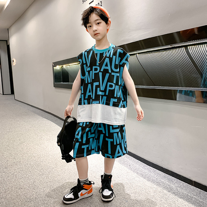 Boy sleeveless vest 2022 Summer new CUHK Tide Cards Summer Clothing Slim Fit Children Handsome Sports Two Suits