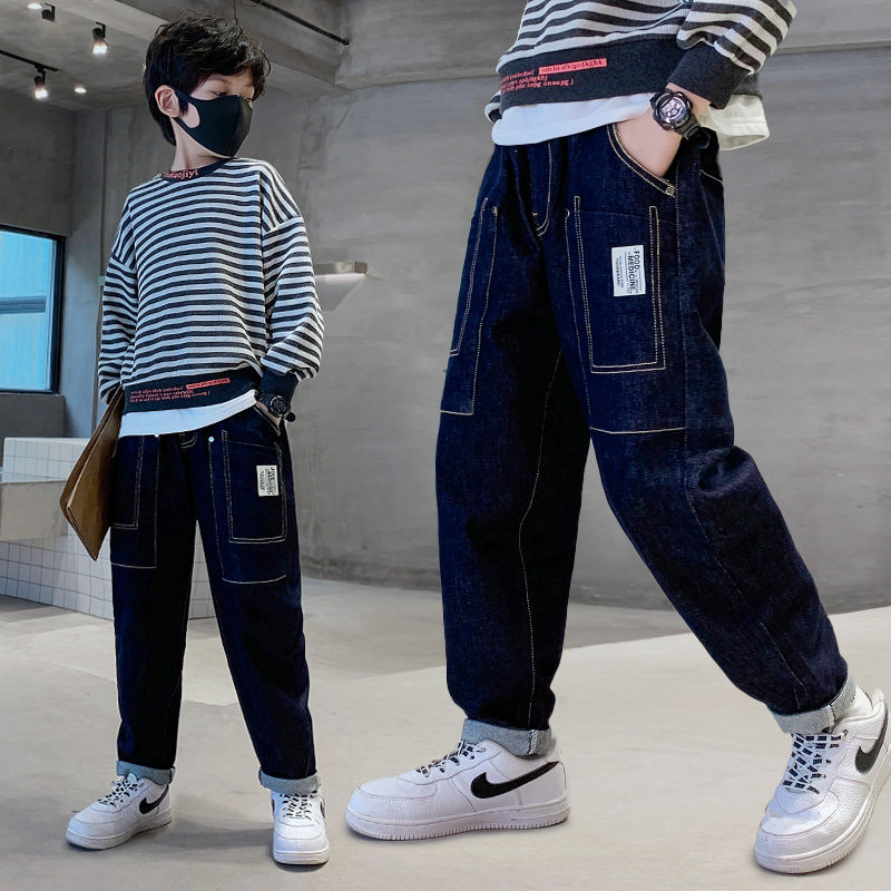 Boy Clothing Jeans Loose Children Casual Long Pants Autumn Money 2022 New CUHK Scout Autumn Season Thin-Tide Cards
