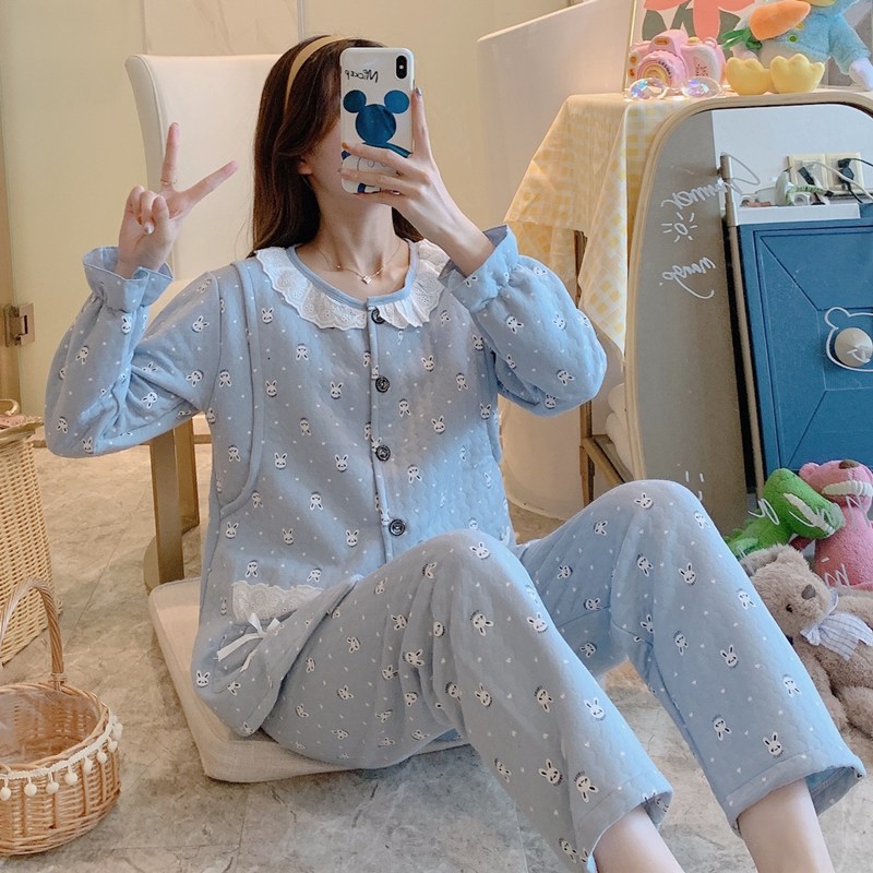 Net red confinement clothing October postpartum thickening air cotton loose pregnant women nursing pajamas nursing suit autumn and winter