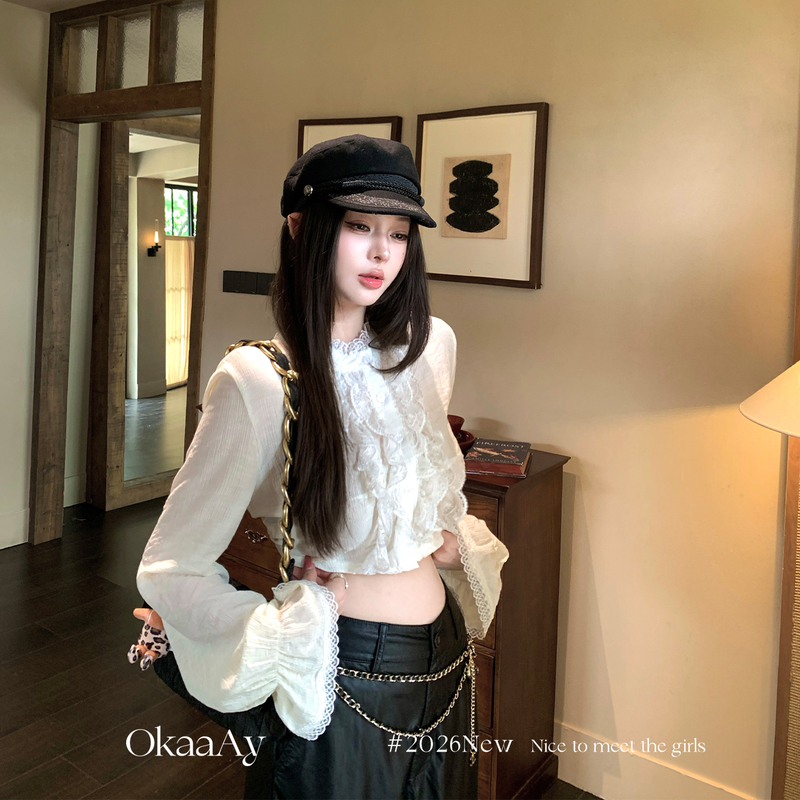 Okaaay "Cream Date Day" Light Luxury High-End Chiffon Blouse for Women, Autumn Long-Sleeved Short Lace Shirt Top Okaaay "Cream Date Day" Light Luxury High-End Chiffon Blouse for Women, Autumn Long-Sleeved Short Lace Shirt Top