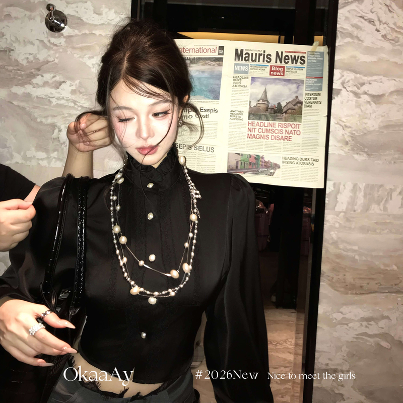 Okaaay "Paris Showroom" Ruffled Lace Short Shirt for Women, Winter Vintage Style, Elegant and High-End Long-Sleeve Top