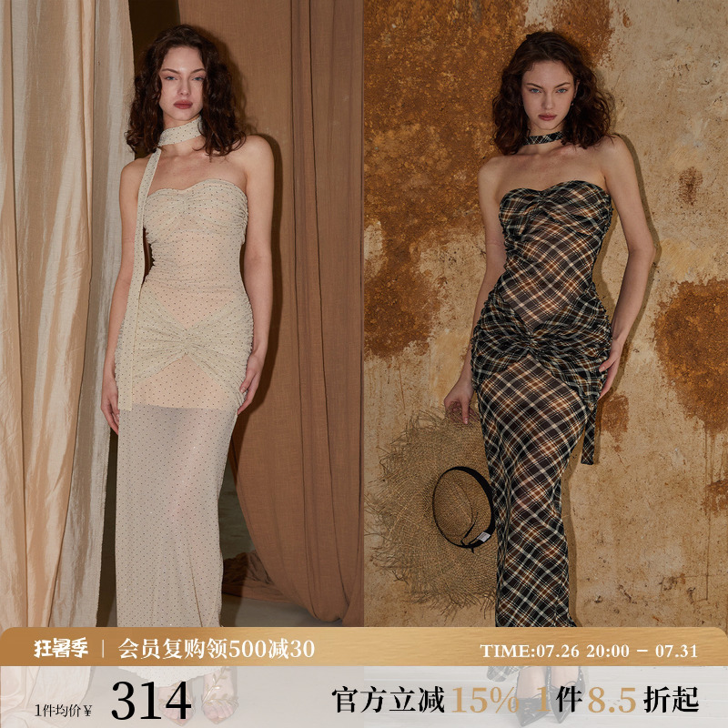 Roarfree French-Style Tube Top Dress with High-Quality Fine Shimmering Mesh and Criss-Cross Pleated Design, Long Dress with a Complimentary Ribbon Roarfree French-Style Tube Top Dress with High-Quality Fine Shimmering Mesh and Criss-Cross Pleated Design, Long Dress with a Complimentary Ribbon