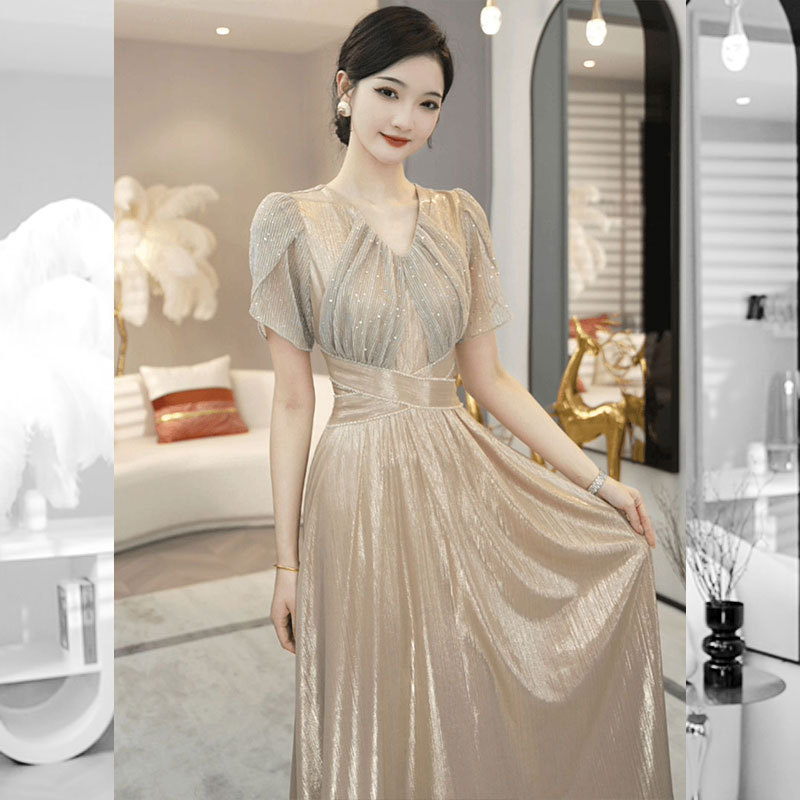 Dress 2026 New Style Women's Summer Light Luxury French Style Elegant V-Neck Fashionable Beautiful Apricot-Colored Dress