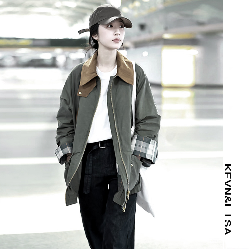 Zhou Yutong's Same Style Retro Color-Blocking Barn-Style Lapel Loose-Fitting Waist-Cinching Parka Work Jacket for Women
