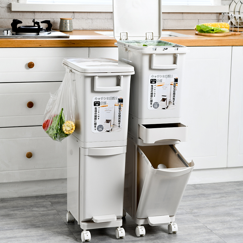 Japanese-Style Kitchen Trash Bin with Lid for Dry and Wet Separation, Household Use, Narrow Gap, Foot Pedal, Kitchen Waste, Living Room, Double-Layer, with Wheels