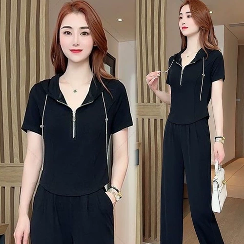 Летние модные штаны с капюшоном с молнией, комплект, на молнии, облегающий крой, короткий рукав, большой размер