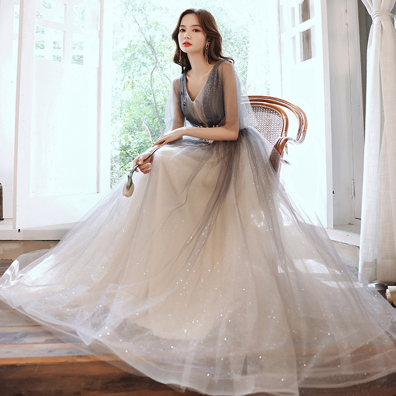 High end evening dress female 2021 new gray socialion senior texture light luxury host choir dress autumn