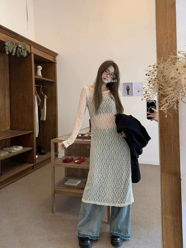 Heavy-Duty Crochet Dress for Women, Winter Design, Niche Lace Dress, Layered Long See-Through Dress, White Long Dress