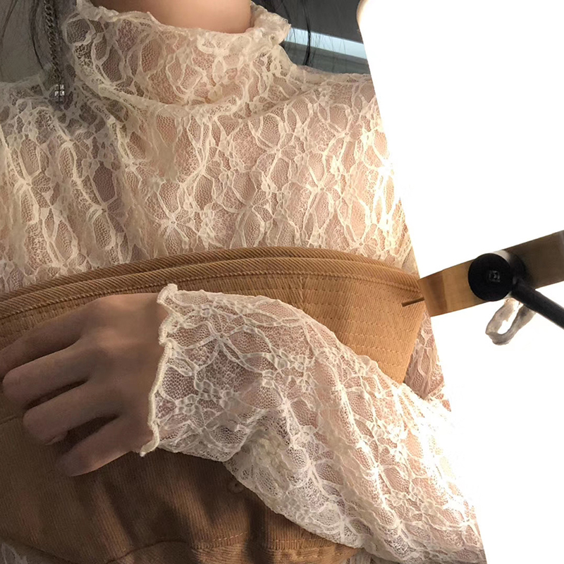 French-Style Ruffled Half-High Collar Long-Sleeve Lace Base Shirt for Women, Autumn Design, Slim Fit, Slimming, Sheer Top, Trendy