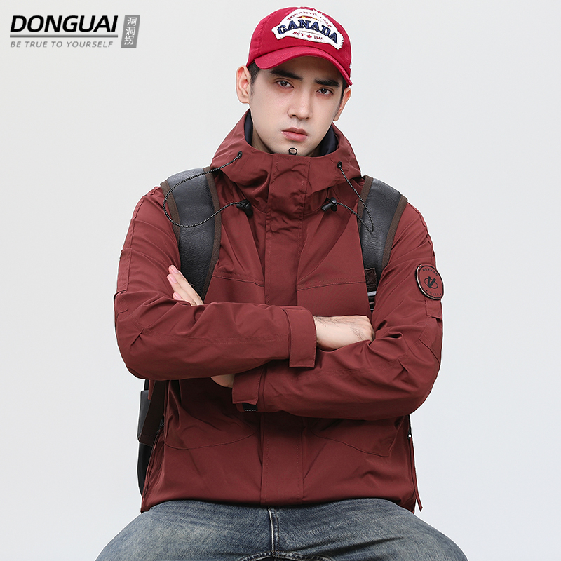 American-Style Softshell Hooded Imitation Outdoor Jacket for Men, Spring and Autumn, Burgundy, Loose Fit, Versatile, High-Quality Commuter Jacket